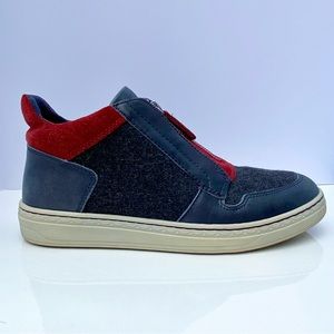Earth, mid-top, leather & fabric sneaker, Zane navy & red, women’s size 8.5